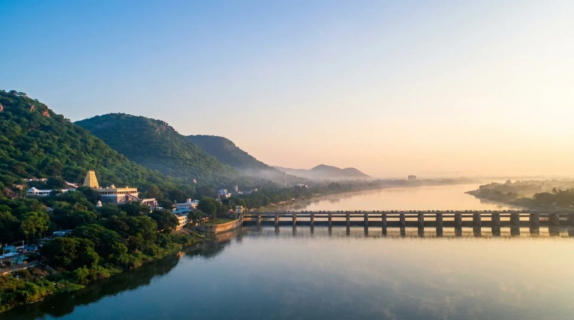 Vijayawada riverside view of the Krishna river and barrage at sunrise